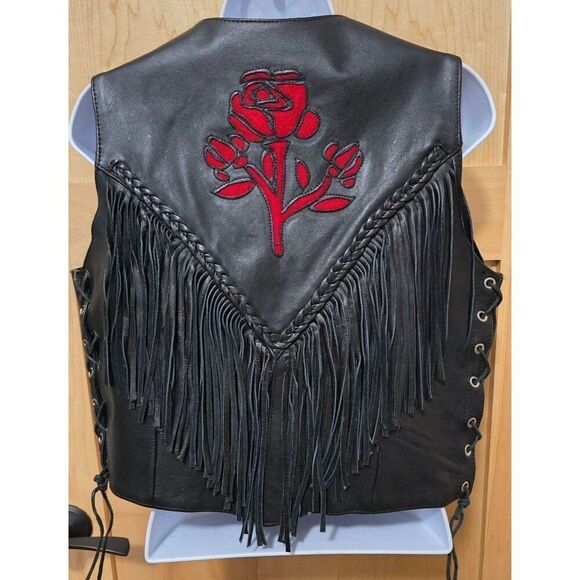 Leather Fringe Vest With Rose Design & Braided Trim For Women - Picture 6 of 10